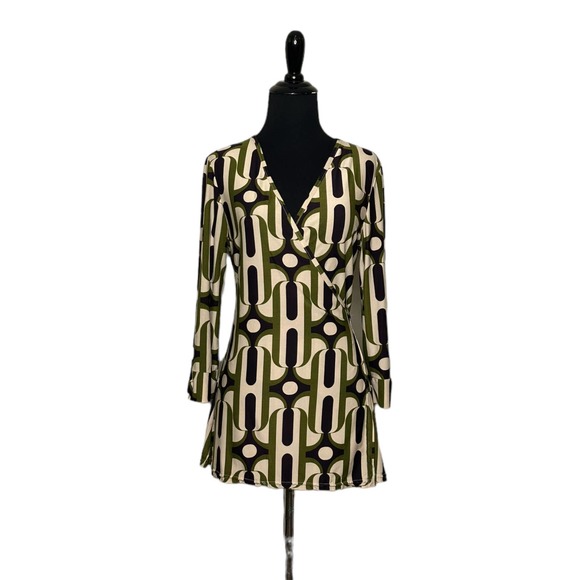 Helena Hart cream green black 3/4 sleeves vintage retro wrap blouse size 2 - Picture 1 of 10